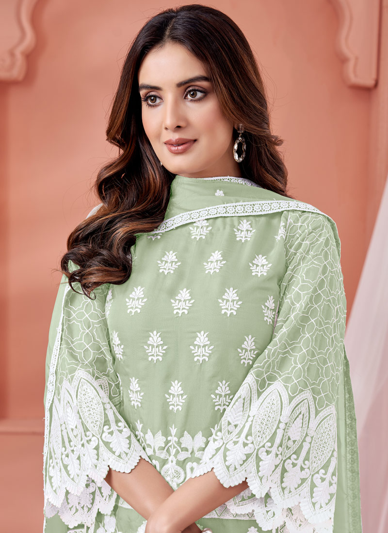 Pista Green Soft Organza Thread Embroidered Casual Salwar Kameez