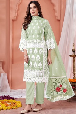 Pista Green Soft Organza Thread Embroidered Casual Salwar Kameez