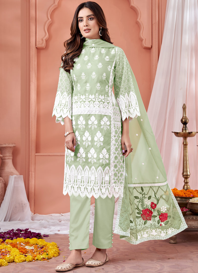 Pista Green Soft Organza Thread Embroidered Casual Salwar Kameez