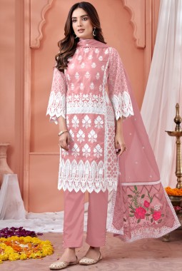 Peach Soft Organza Embroidered Casual Salwar Kameez