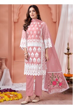 Peach Soft Organza Embroidered Casual Salwar Kameez
