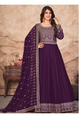 Magenta Art Silk Thread Embroidered Wedding Salwar Kameez