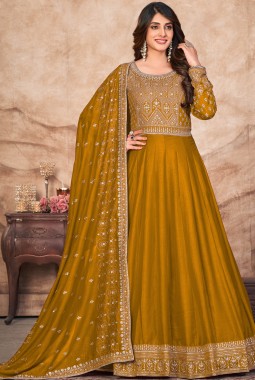 Mustard Art Silk Sequins Embroidered Wedding Salwar Kameez