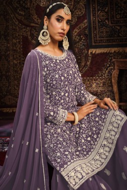 Lavender Faux Georgette Thread Embroidered Wedding Salwar Kameez