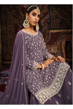 Lavender Faux Georgette Thread Embroidered Wedding Salwar Kameez