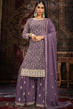 Lavender Faux Georgette Thread Embroidered Wedding Salwar Kameez