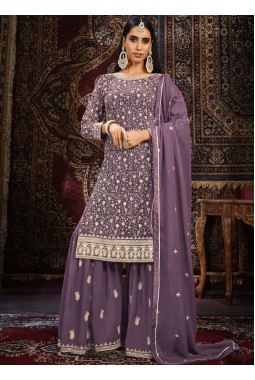 Lavender Faux Georgette Thread Embroidered Wedding Salwar Kameez