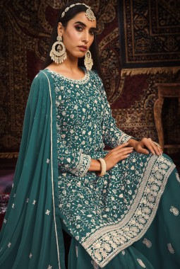 Blue Faux Georgette Sequins Embroidered Wedding Salwar Kameez