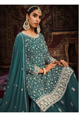 Blue Faux Georgette Sequins Embroidered Wedding Salwar Kameez