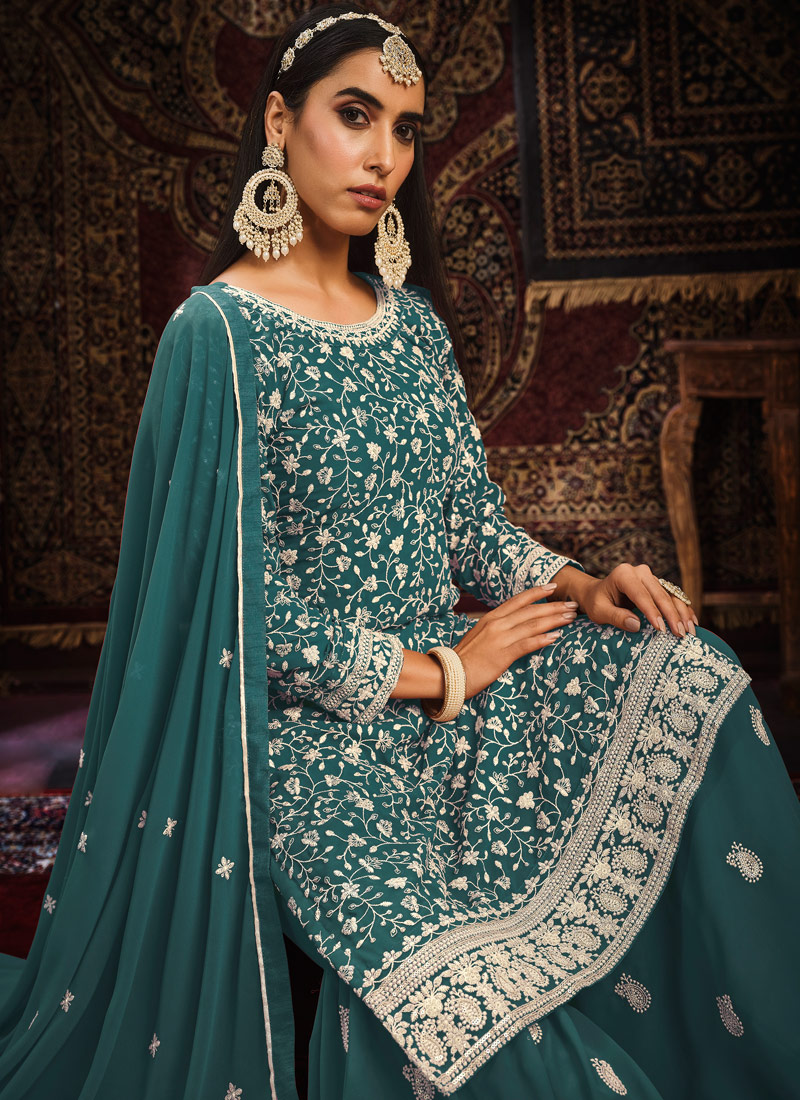 Blue Faux Georgette Sequins Embroidered Wedding Salwar Kameez