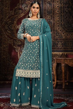 Blue Faux Georgette Sequins Embroidered Wedding Salwar Kameez