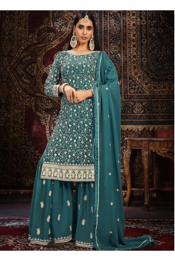 Blue Faux Georgette Sequins Embroidered Wedding Salwar Kameez