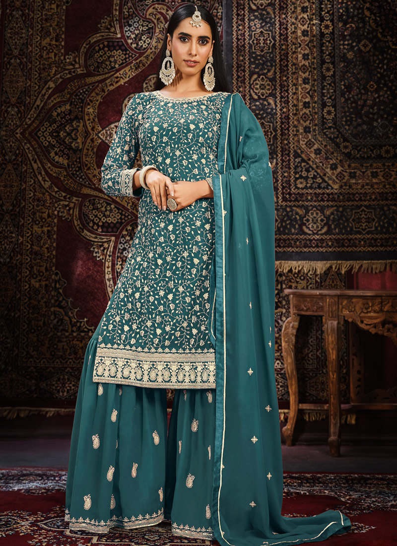 Blue Faux Georgette Sequins Embroidered Wedding Salwar Kameez