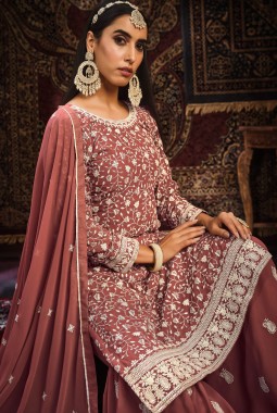 Brown Faux Georgette Thread Embroidered Wedding Salwar Kameez