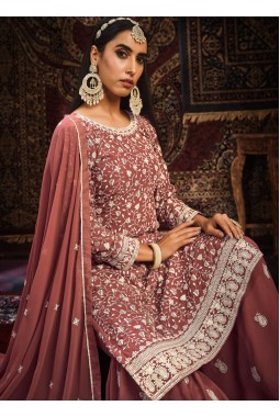 Brown Faux Georgette Thread Embroidered Wedding Salwar Kameez