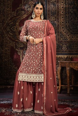 Brown Faux Georgette Thread Embroidered Wedding Salwar Kameez