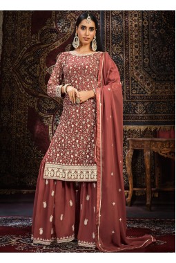 Brown Faux Georgette Thread Embroidered Wedding Salwar Kameez