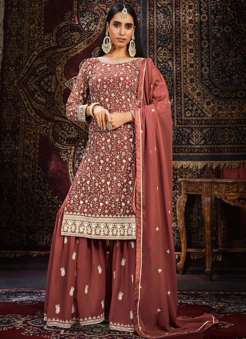 Brown Faux Georgette Thread Embroidered Wedding Salwar Kameez