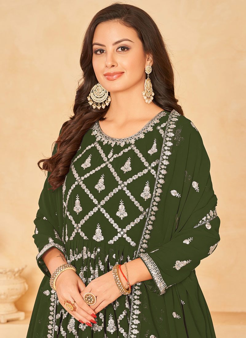 Green Faux Georgette Sequins Embroidered Wedding Salwar Kameez