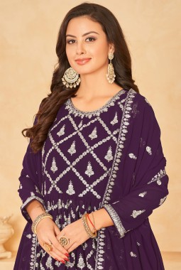 Purple Faux Georgette Zari Embroidered Wedding Salwar Kameez