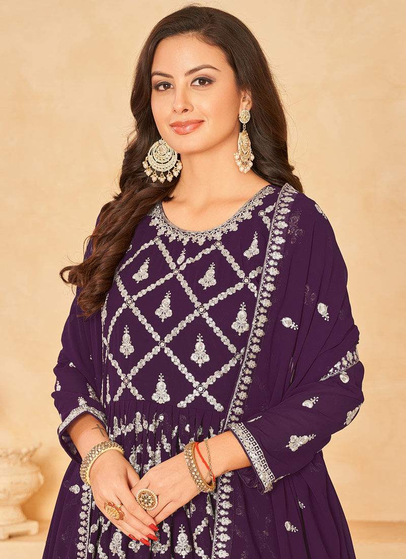 Purple Faux Georgette Zari Embroidered Wedding Salwar Kameez