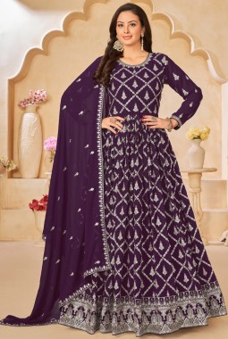 Purple Faux Georgette Zari Embroidered Wedding Salwar Kameez