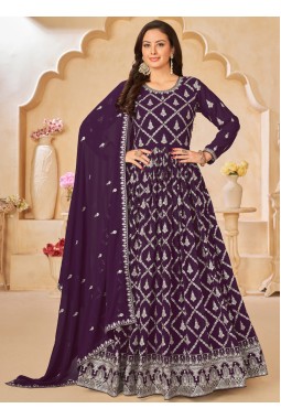 Purple Faux Georgette Zari Embroidered Wedding Salwar Kameez