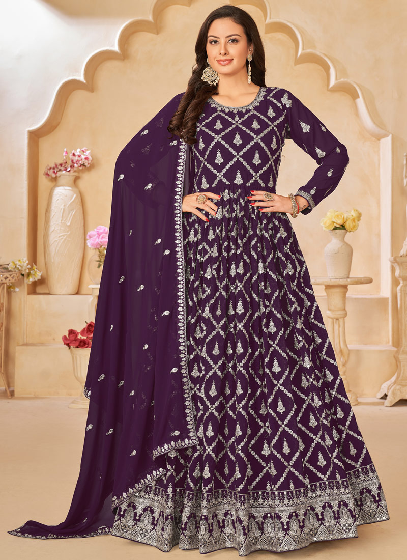 Purple Faux Georgette Zari Embroidered Wedding Salwar Kameez