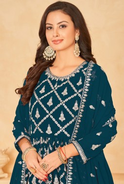 Blue Faux Georgette Sequins Embroidered Wedding Salwar Kameez