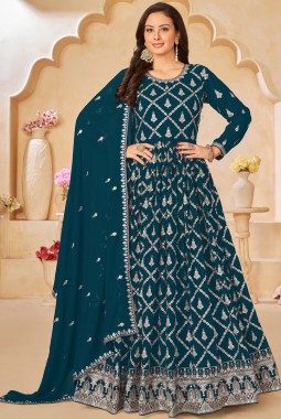 Blue Faux Georgette Sequins Embroidered Wedding Salwar Kameez
