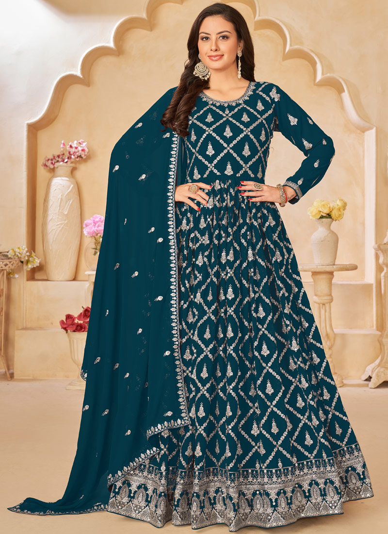 Blue Faux Georgette Sequins Embroidered Wedding Salwar Kameez