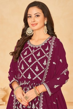 Maroon Faux Georgette Zari Embroidered Wedding Salwar Kameez