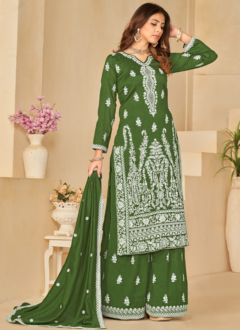 Green Art Silk Sequins Embroidered Casual Salwar Kameez