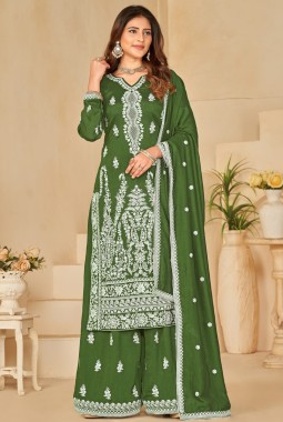 Green Art Silk Sequins Embroidered Casual Salwar Kameez