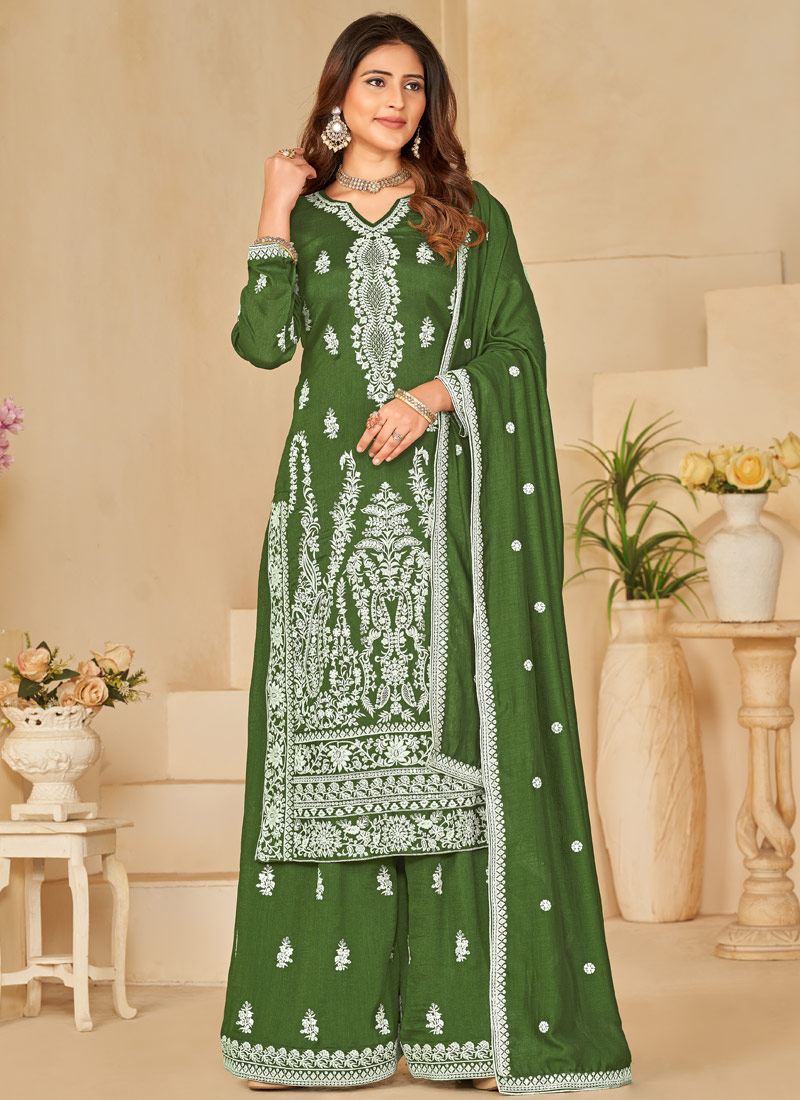 Green Art Silk Sequins Embroidered Casual Salwar Kameez