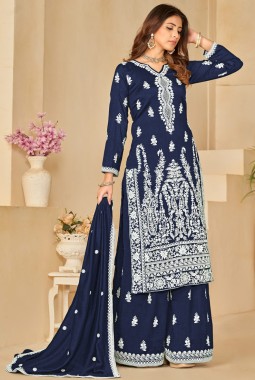 Navy Blue Art Silk Thread Embroidered Casual Salwar Kameez