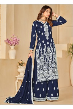 Navy Blue Art Silk Thread Embroidered Casual Salwar Kameez