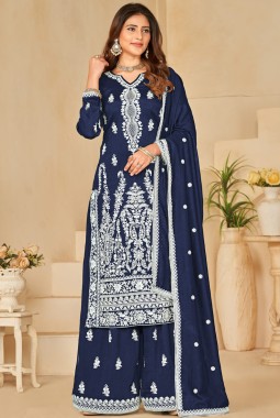 Navy Blue Art Silk Thread Embroidered Casual Salwar Kameez