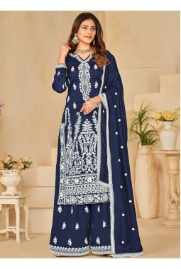 Navy Blue Art Silk Thread Embroidered Casual Salwar Kameez