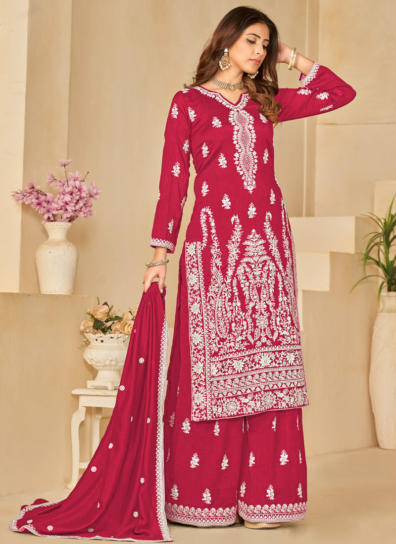 Red Art Silk Sequins Embroidered Casual Salwar Kameez