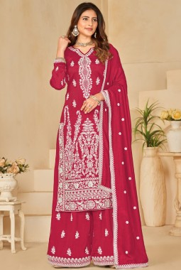 Red Art Silk Sequins Embroidered Casual Salwar Kameez