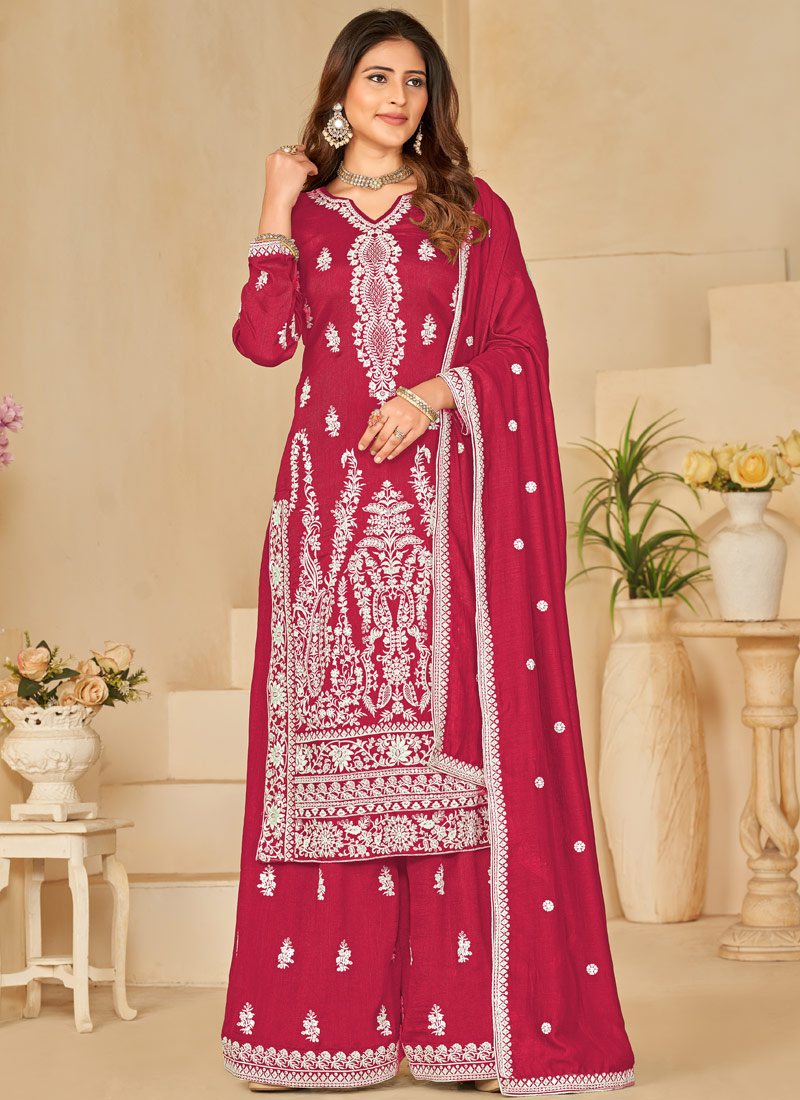 Red Art Silk Sequins Embroidered Casual Salwar Kameez