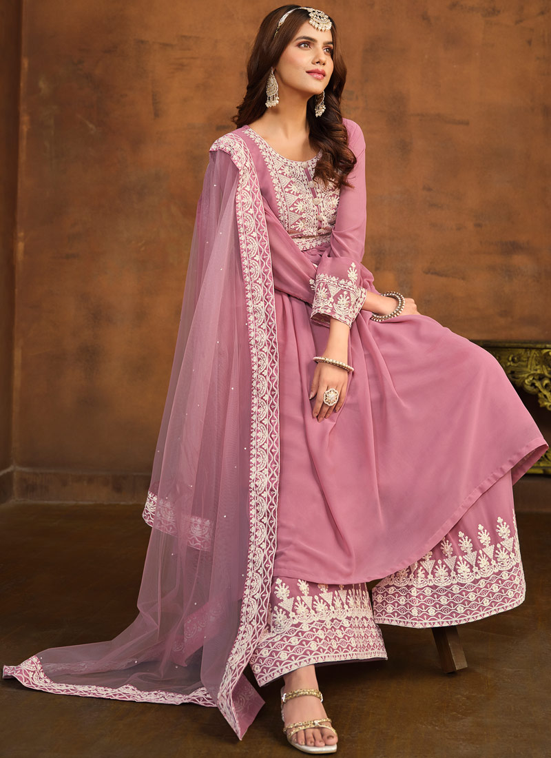 Pink Faux Georgette Sequins Embroidered Casual Salwar Kameez