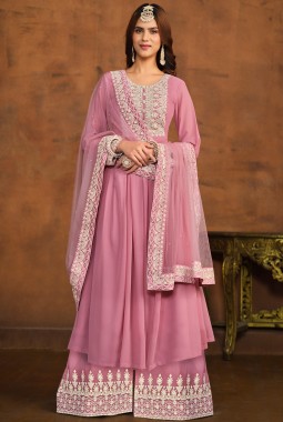 Pink Faux Georgette Sequins Embroidered Casual Salwar Kameez