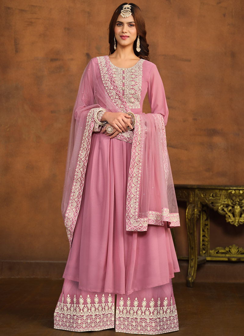 Pink Faux Georgette Sequins Embroidered Casual Salwar Kameez