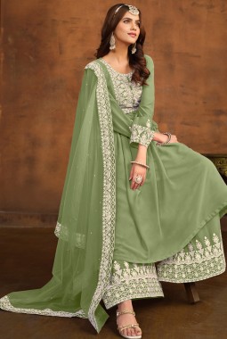 Pista Green Faux Georgette Thread Embroidered Casual Salwar Kameez