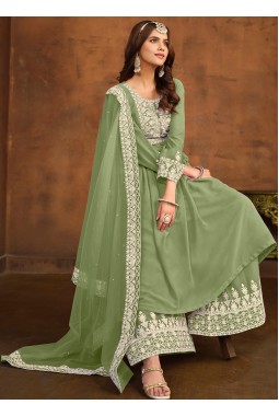Pista Green Faux Georgette Thread Embroidered Casual Salwar Kameez
