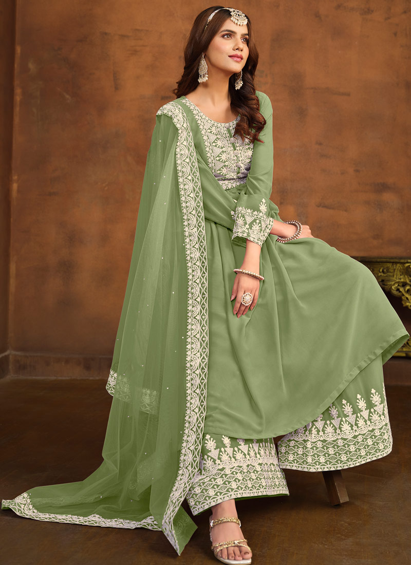 Pista Green Faux Georgette Thread Embroidered Casual Salwar Kameez