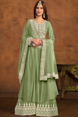 Pista Green Faux Georgette Thread Embroidered Casual Salwar Kameez