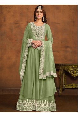 Pista Green Faux Georgette Thread Embroidered Casual Salwar Kameez